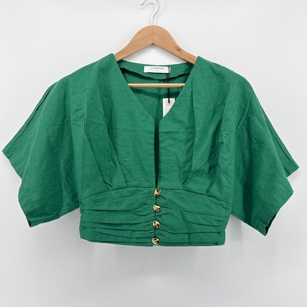 NWT Commense V-Neck Ruched Waist Linen Blend Crop Top Green Gold Buttons Small